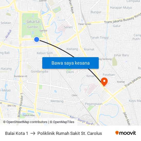 Balai Kota 1 to Poliklinik Rumah Sakit St. Carolus map