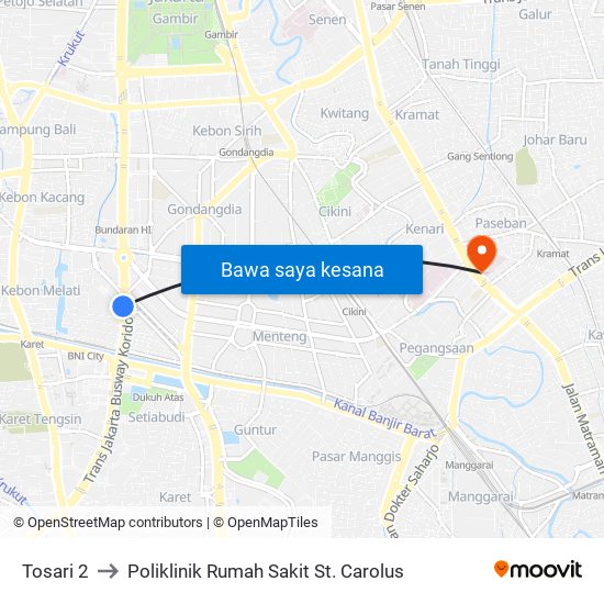 Tosari 2 to Poliklinik Rumah Sakit St. Carolus map