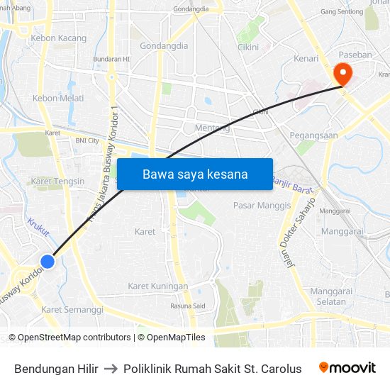 Bendungan Hilir to Poliklinik Rumah Sakit St. Carolus map