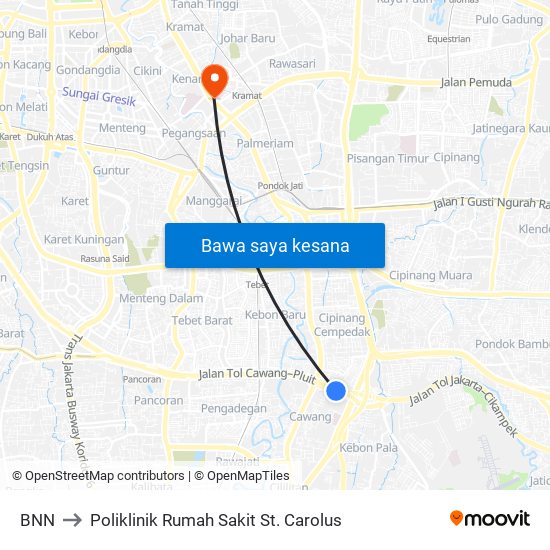 BNN to Poliklinik Rumah Sakit St. Carolus map