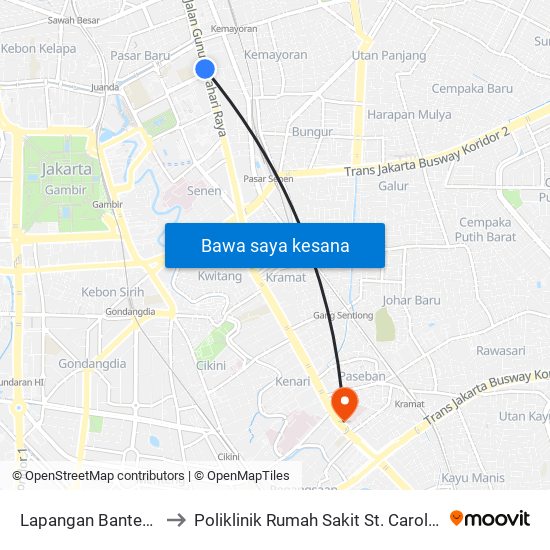 Lapangan Banteng to Poliklinik Rumah Sakit St. Carolus map