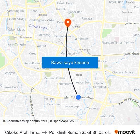 Cikoko Arah Timur to Poliklinik Rumah Sakit St. Carolus map