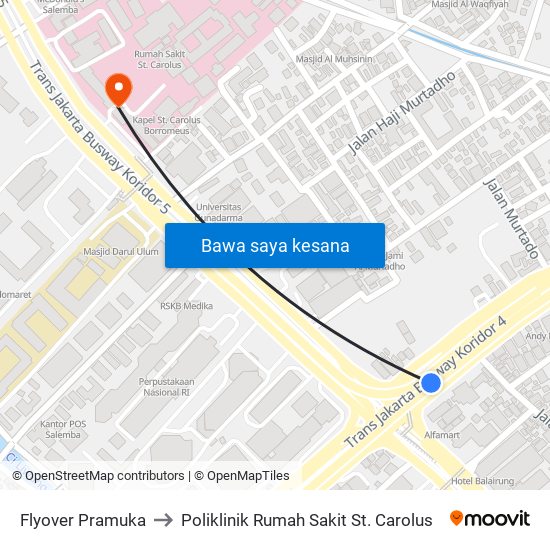 Flyover Pramuka to Poliklinik Rumah Sakit St. Carolus map