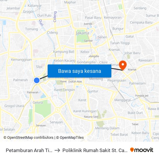 Petamburan Arah Timur to Poliklinik Rumah Sakit St. Carolus map