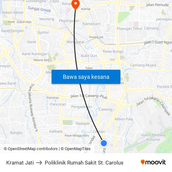 Kramat Jati to Poliklinik Rumah Sakit St. Carolus map