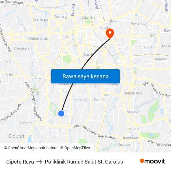 Cipete Raya to Poliklinik Rumah Sakit St. Carolus map