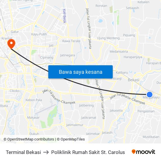 Terminal Bekasi to Poliklinik Rumah Sakit St. Carolus map
