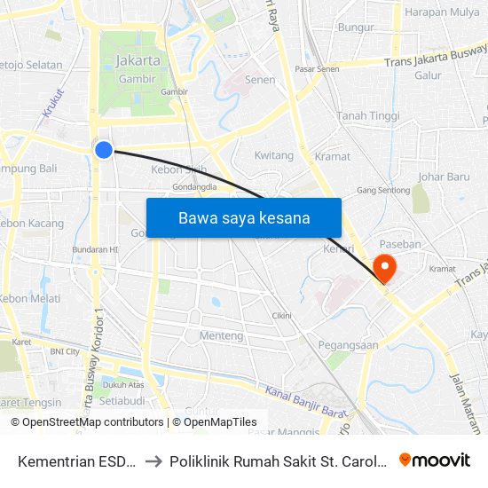 Kementrian ESDM to Poliklinik Rumah Sakit St. Carolus map