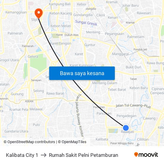 Kalibata City 1 to Rumah Sakit Pelni Petamburan map