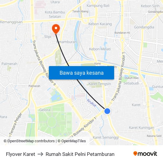 Flyover Karet to Rumah Sakit Pelni Petamburan map