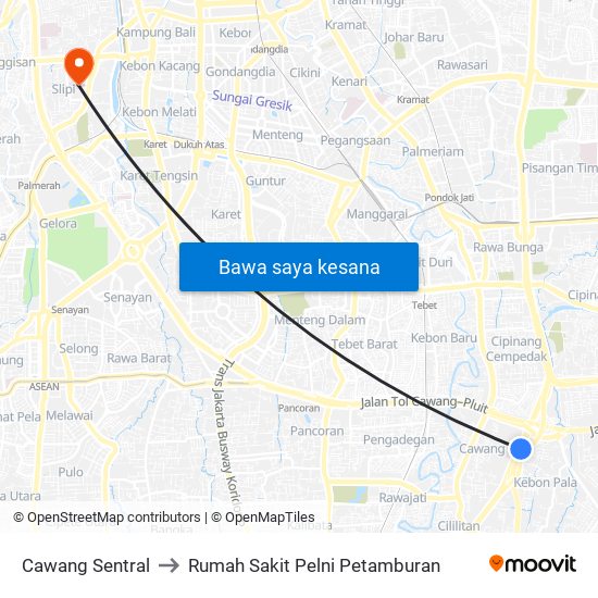 Cawang Sentral to Rumah Sakit Pelni Petamburan map