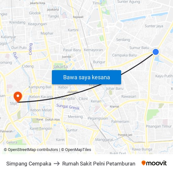 Simpang Cempaka to Rumah Sakit Pelni Petamburan map