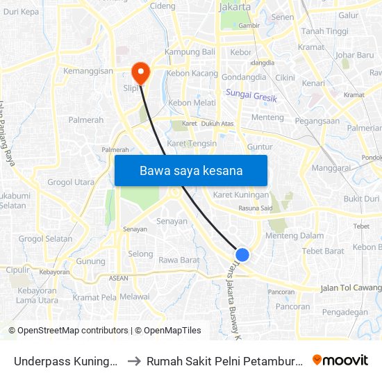 Underpass Kuningan to Rumah Sakit Pelni Petamburan map