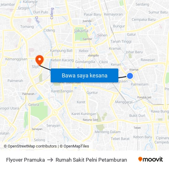 Flyover Pramuka to Rumah Sakit Pelni Petamburan map