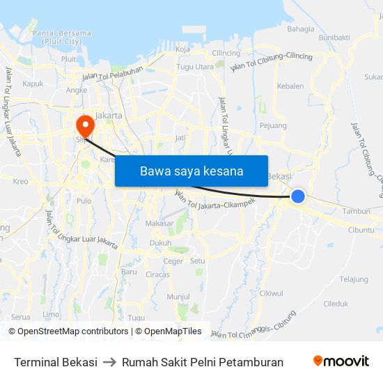 Terminal Bekasi to Rumah Sakit Pelni Petamburan map