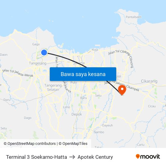 Terminal 3 Soekarno-Hatta to Apotek Century map