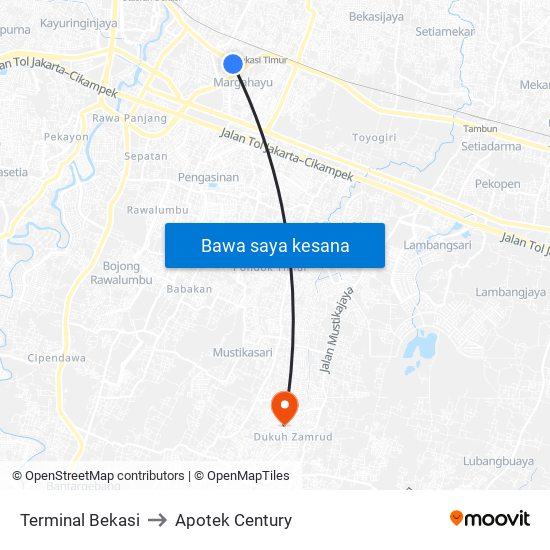 Terminal Bekasi to Apotek Century map