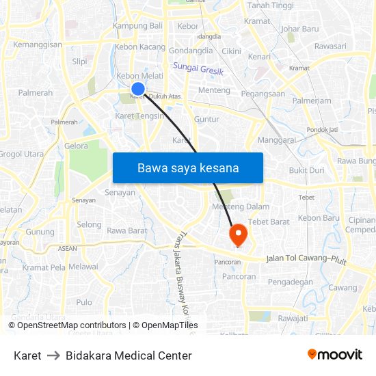 Karet to Bidakara Medical Center map