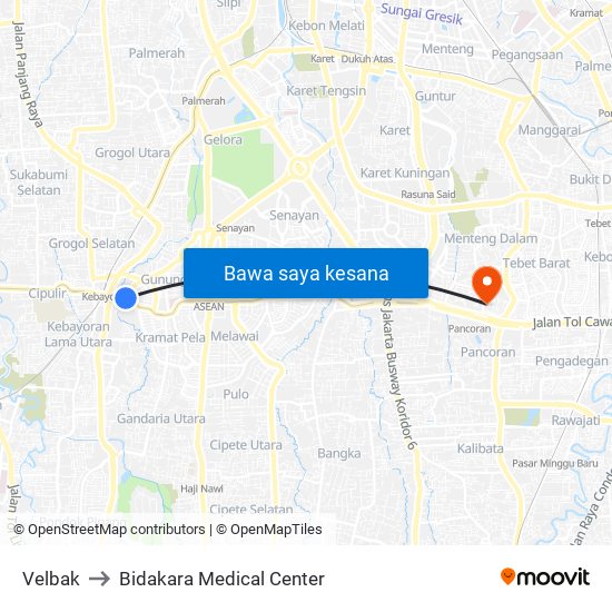 Velbak to Bidakara Medical Center map