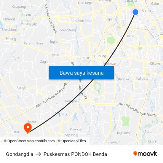 Gondangdia to Puskesmas PONDOK Benda map