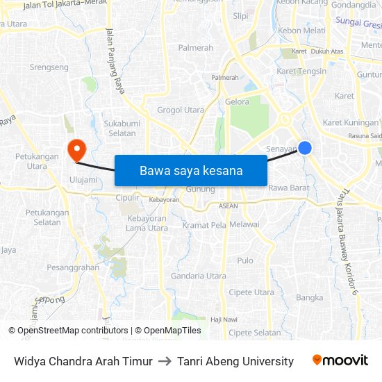 Widya Chandra Arah Timur to Tanri Abeng University map