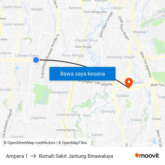 Ampera 1 to Rumah Sakit Jantung Binawaluya map