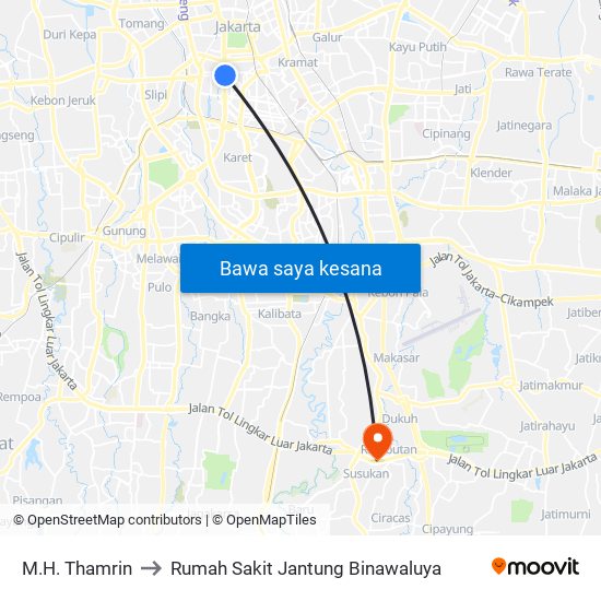 M.H. Thamrin to Rumah Sakit Jantung Binawaluya map