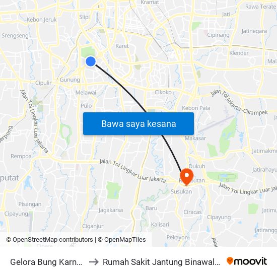 Gelora Bung Karno 2 to Rumah Sakit Jantung Binawaluya map