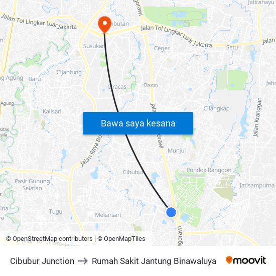 Cibubur Junction to Rumah Sakit Jantung Binawaluya map