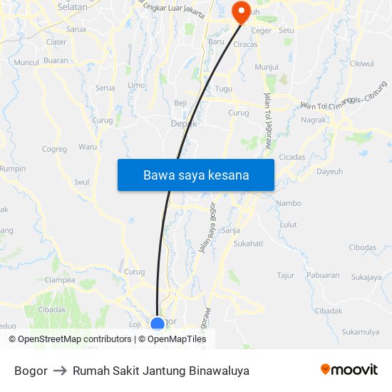 Bogor to Rumah Sakit Jantung Binawaluya map