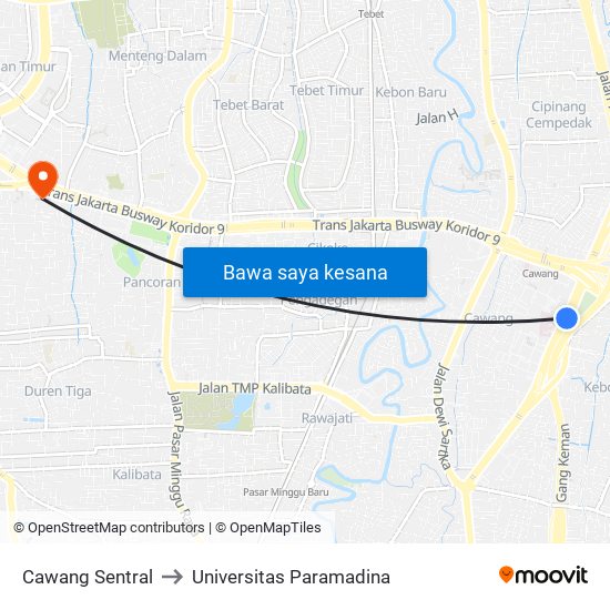 Cawang Sentral to Universitas Paramadina map