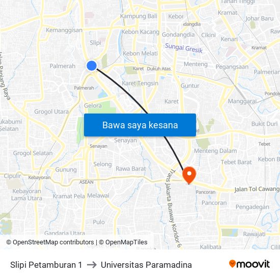 Slipi Petamburan 1 to Universitas Paramadina map