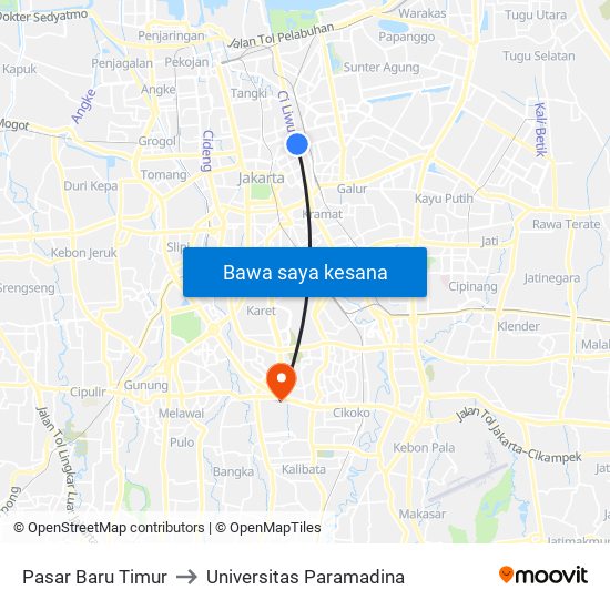 Pasar Baru Timur to Universitas Paramadina map