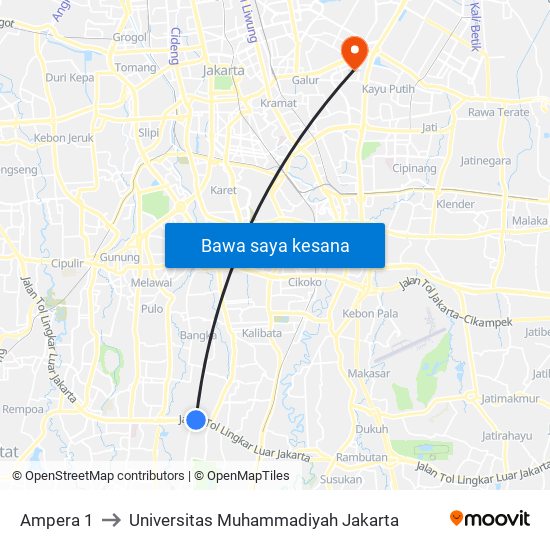 Ampera 1 to Universitas Muhammadiyah Jakarta map