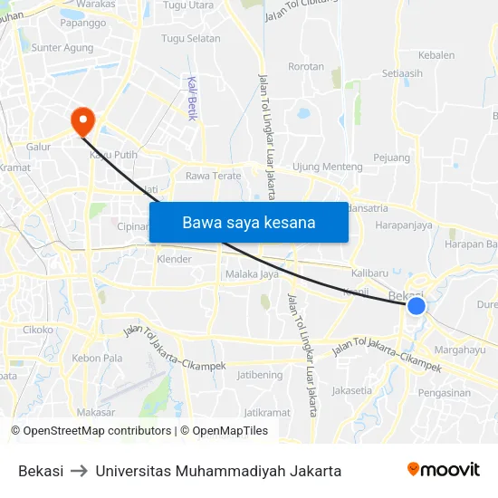 Bekasi to Universitas Muhammadiyah Jakarta map