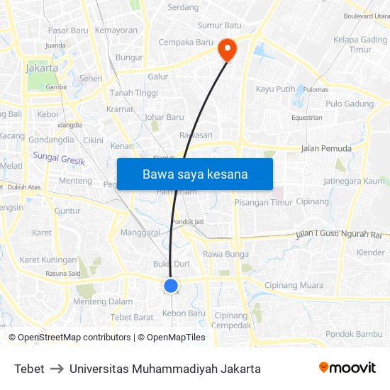 Tebet to Universitas Muhammadiyah Jakarta map