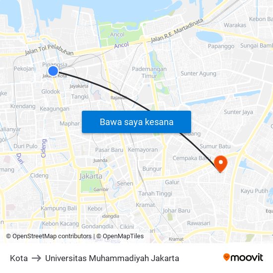 Kota to Universitas Muhammadiyah Jakarta map