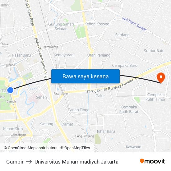 Gambir to Universitas Muhammadiyah Jakarta map