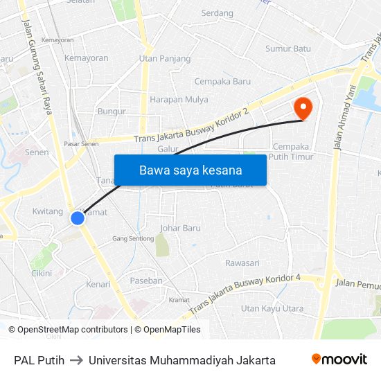 PAL Putih to Universitas Muhammadiyah Jakarta map