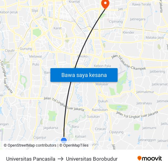 Universitas Pancasila to Universitas Borobudur map