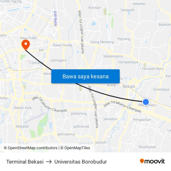 Terminal Bekasi to Universitas Borobudur map