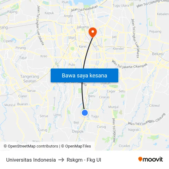 Universitas Indonesia to Rskgm - Fkg UI map
