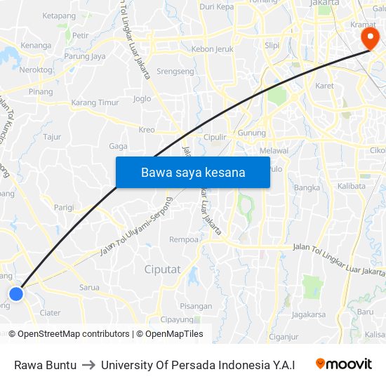 Rawa Buntu to University Of Persada Indonesia Y.A.I map