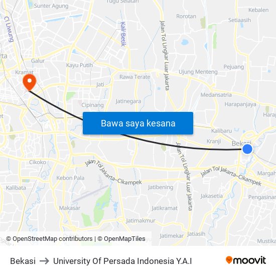 Bekasi to University Of Persada Indonesia Y.A.I map