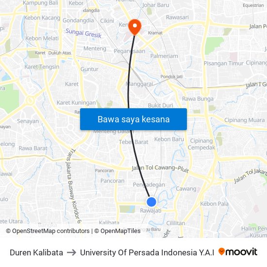 Duren Kalibata to University Of Persada Indonesia Y.A.I map