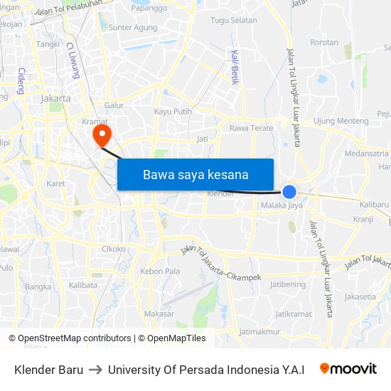 Klender Baru to University Of Persada Indonesia Y.A.I map