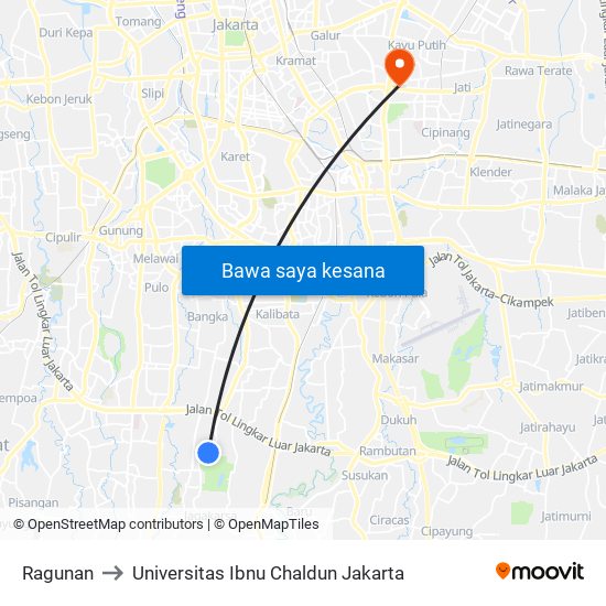 Ragunan to Universitas Ibnu Chaldun Jakarta map