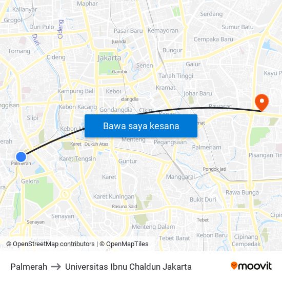 Palmerah to Universitas Ibnu Chaldun Jakarta map