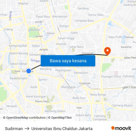 Sudirman to Universitas Ibnu Chaldun Jakarta map