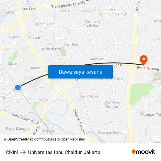 Cikini to Universitas Ibnu Chaldun Jakarta map